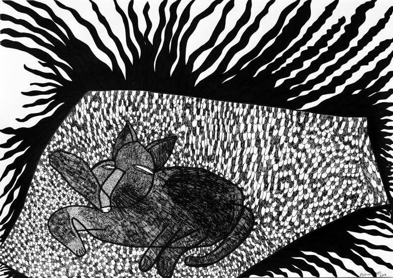 A drawing in black marker on canvas of a cat sleeping