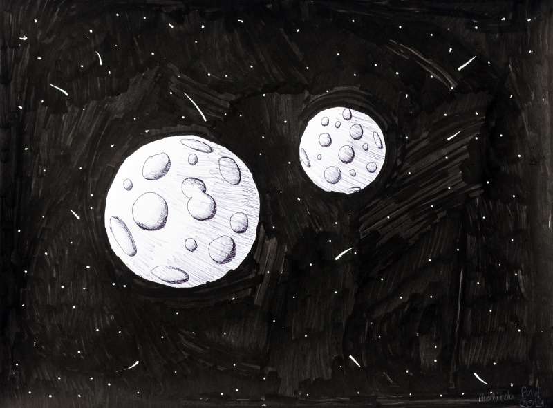 A drawing of two planets against a starry sky, by Melinda Paul