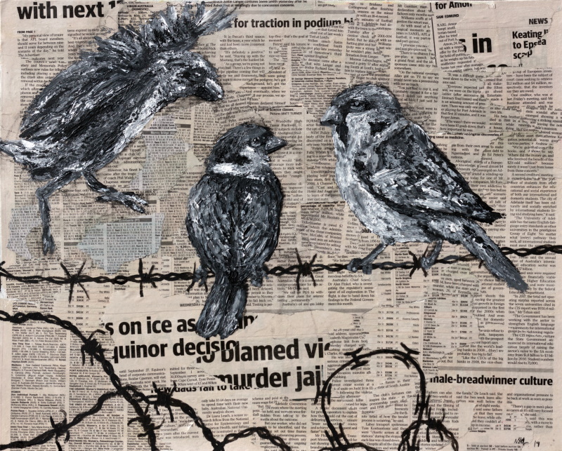 Oil painting of three birds on wire set on newspaper