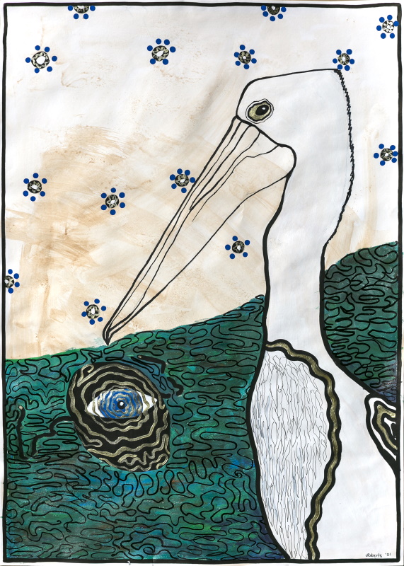 A mixed media artwork on paper depicting a pelican in profile, against a detailed background featuring a black oval with a blue eye and wavy lines. The pelican is white with a gold eye and gold outline on its wings.