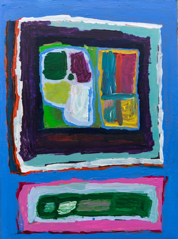 A large abstract painting in portrait orientation featuring rectangles, squares and irregular shapes in purple, blue, green, yellow, pink and orange.