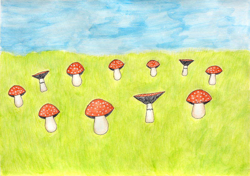 An artwork in landscape orientation depicting a ring of red and white toadstools