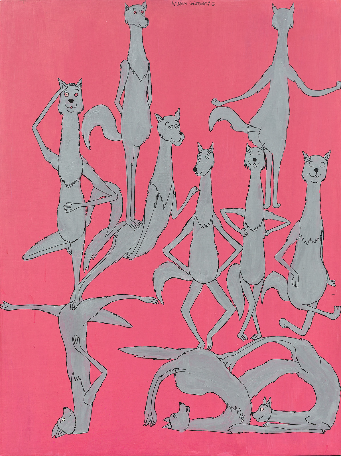 Portrait artwork of yoga wolves on hot pink