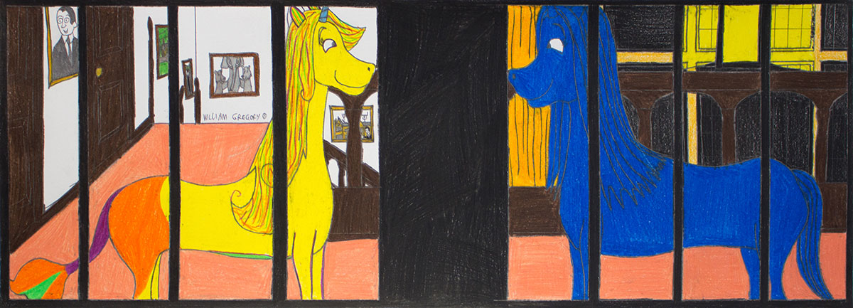 Drawing of two unicorns seen through window bars