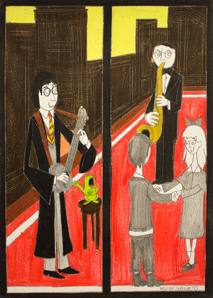 Drawing of Harry Potter and friends seen through window bars