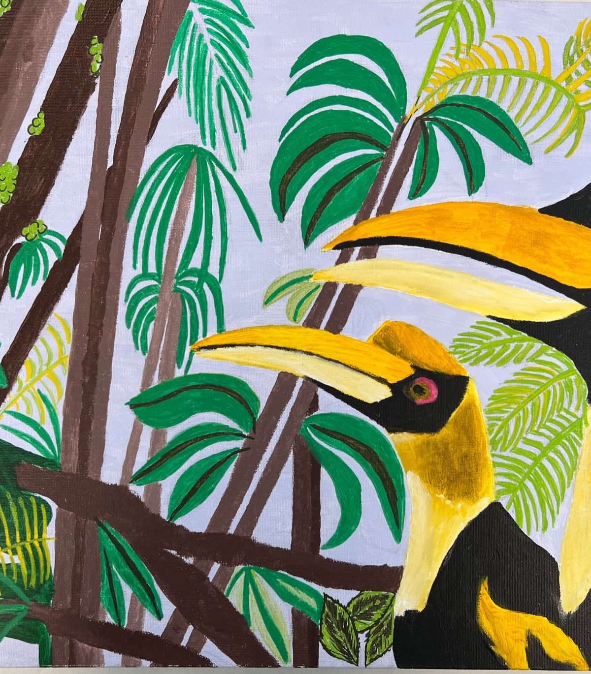 Artwork of yellow beaked birds and foliage