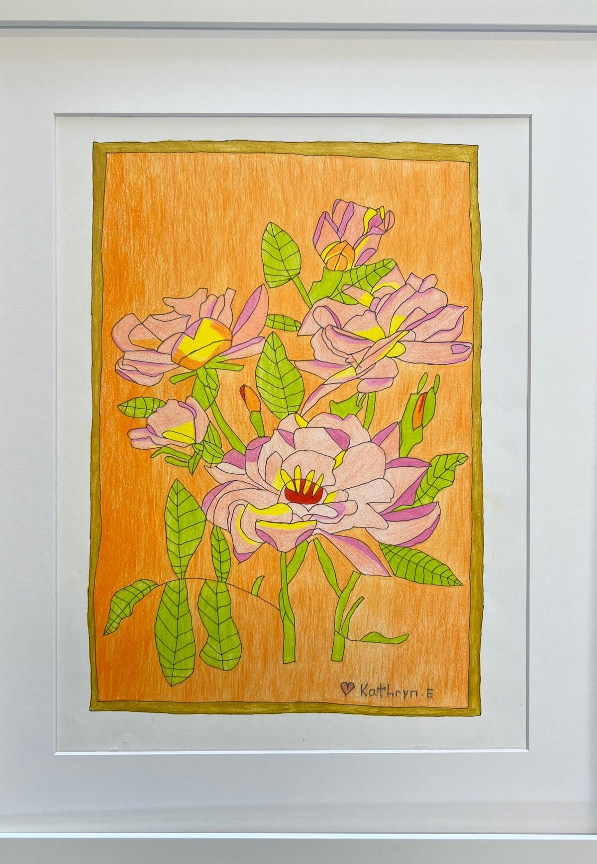 Framed drawing of pink-purple flowers
