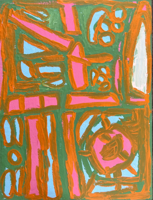 A portrait-oriented abstract artwork using sage green, pink, orange and pale blue