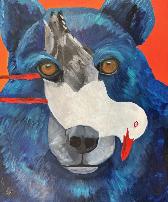 Artwork of a bear's face and a seagull