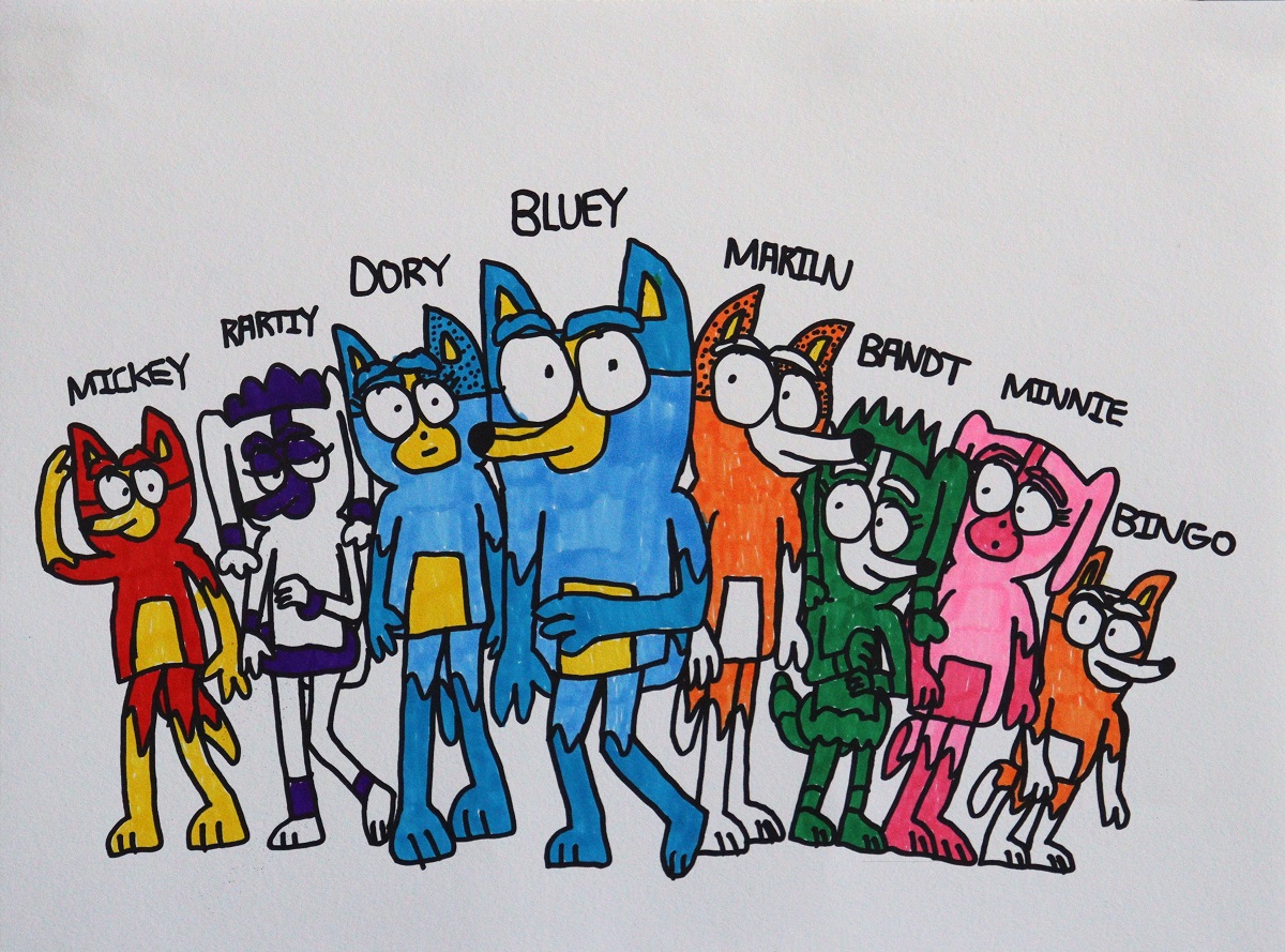 Marker drawing of characters from TV show Bluey.