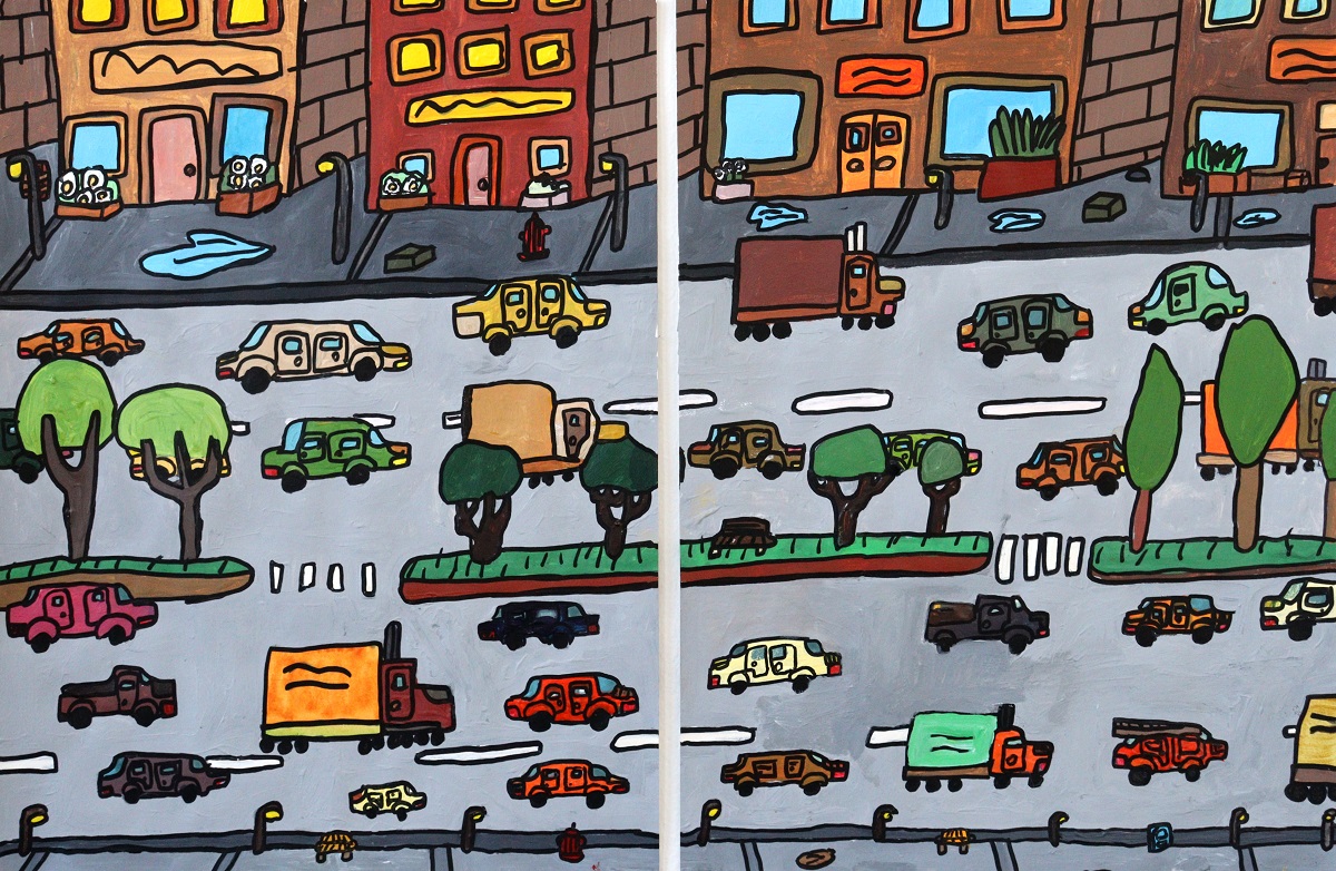 Cartoon-style painting of a multi-lane road with lots of cars and trucks.