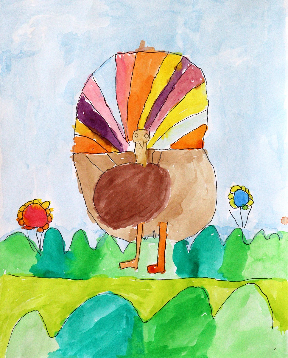 A stylised ink painting of a turkey in a grass field