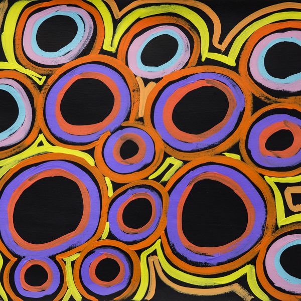 Abstract artwork featuring concentric circles in orange, purple, blue and yellow on a black background