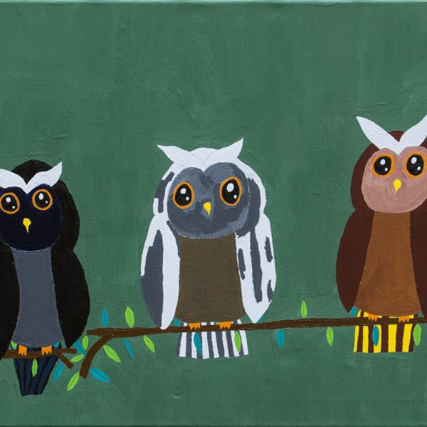 A painting of 3 owls on a branch