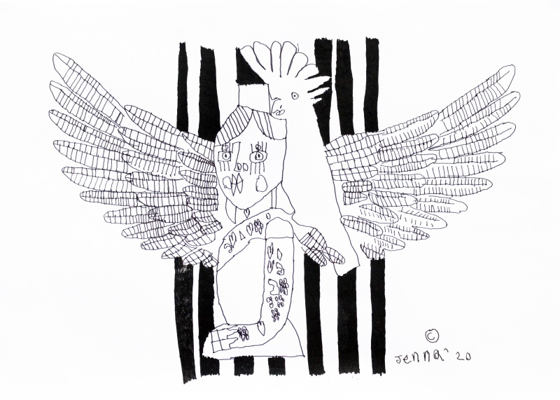 A drawing of a woman and a cockatoo against vertical black lines, by Jenna May