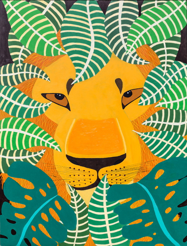 A large painting in portrait orientation showing a lion’s face surrounded by tropical leaves.