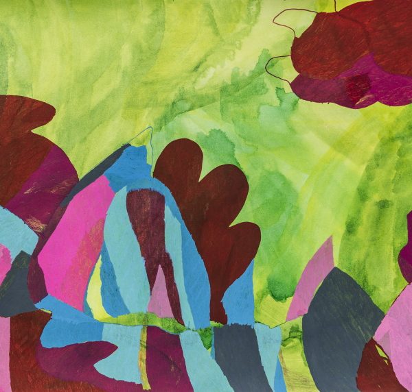 An abstract artwork in landscape orientation featuring shapes in pink, red and blue on a green background.