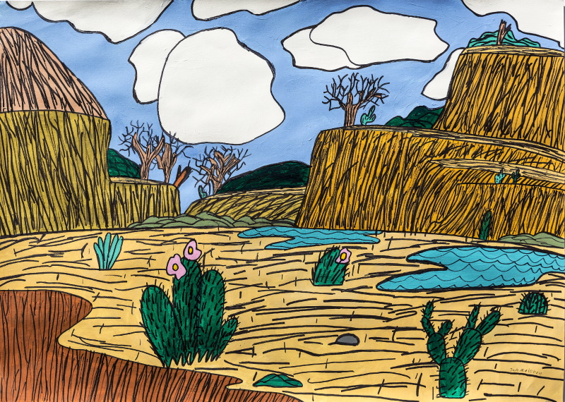 A painting of a desert landscape done in shades of yellow brown, featuring a canyon, water and cacti, all outlined in black.