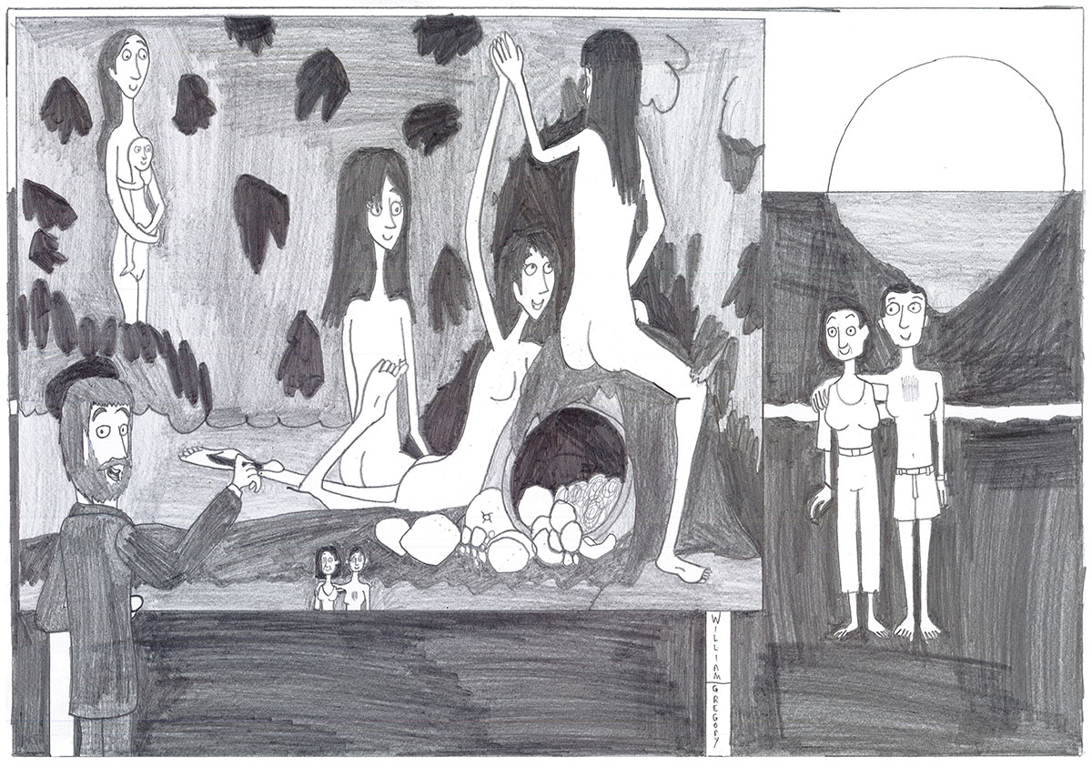 Drawing of a man painting a group of women