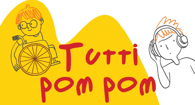 Graphic with words 'Tutti Pom Pom' and drawings of two people