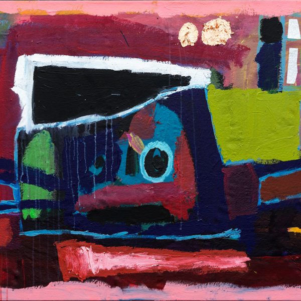 Bold abstract artwork depicting a school bus with bold shapes and strong lines.