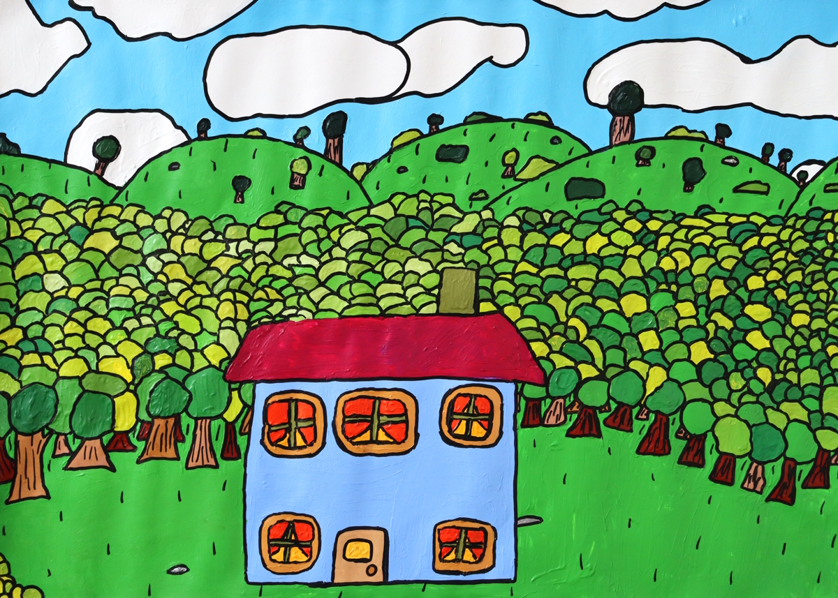 A graphic style artwork of a house with forest and hills behind