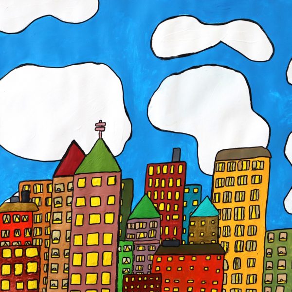 A graphic style artwork of high rise buildings with blue sky and clouds behind