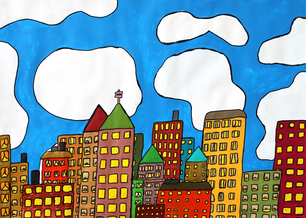 A graphic style artwork of high rise buildings with blue sky and clouds behind