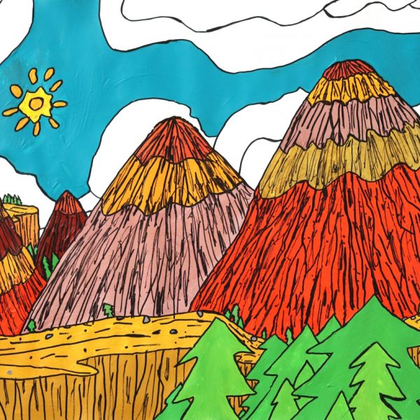 A graphic style artwork of triangle shaped mountains with trees and a cliff in the foreground