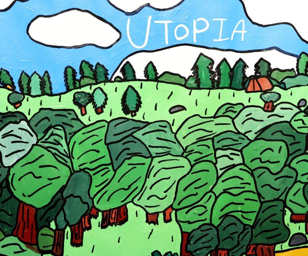 A graphic style artwork of trees and hills with the word "Utopia" hand written at the top