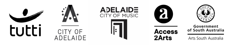 Five logos side by side: Tutti, City of Adelaide, Adelaide City of Music, Access2Arts, Arts South Australia