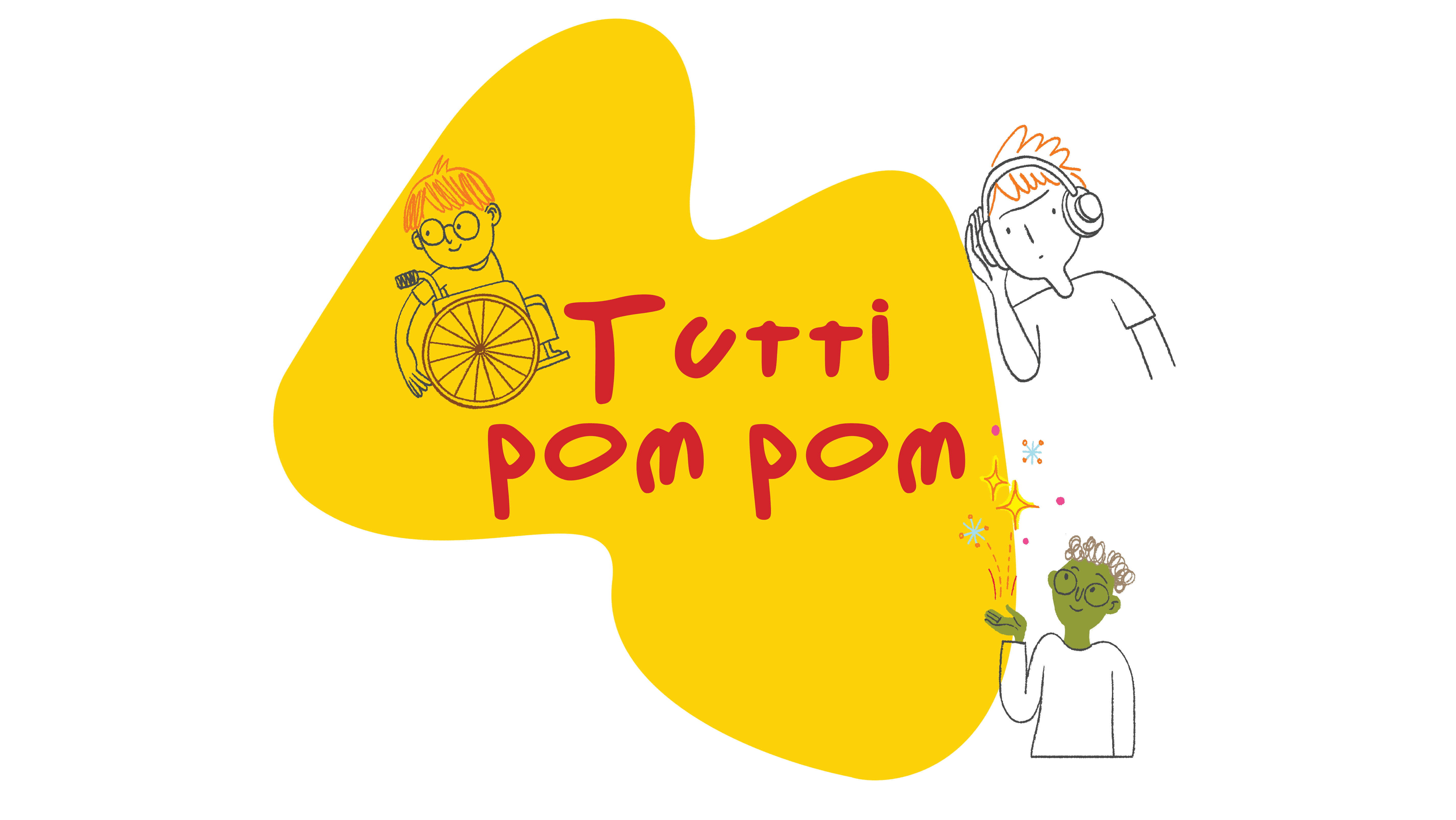 A graphic saying "Tutti Pom Pom" with illustrations of young people