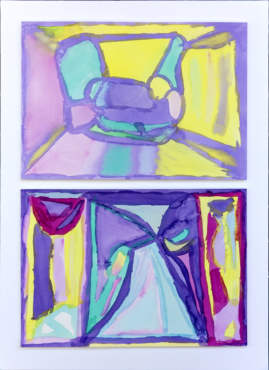 An abstract diptych painting with purple tones and pastel colours.