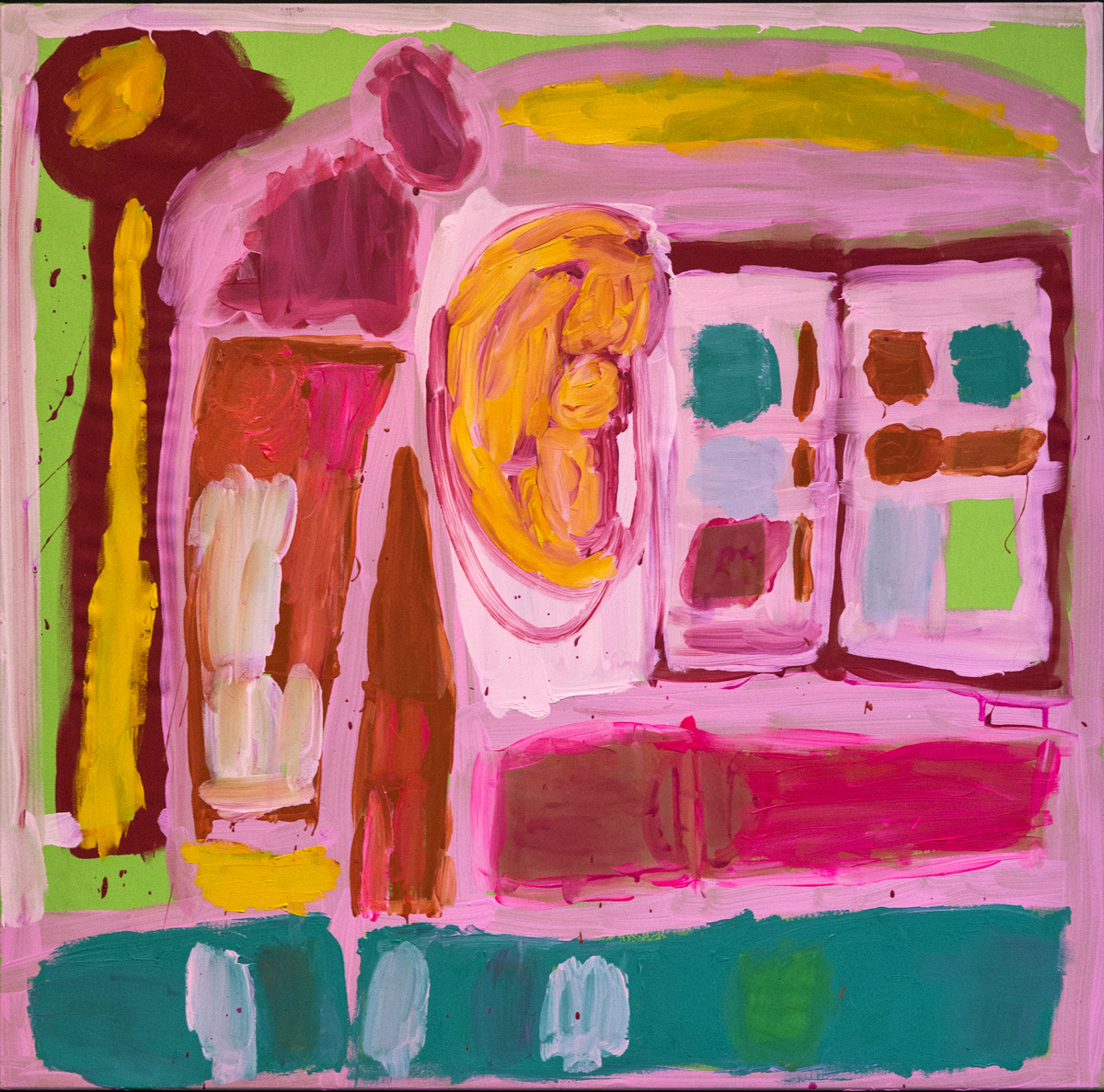 An abstract work with prominent pink hues, conjuring thoughts of Barbie's dream house.