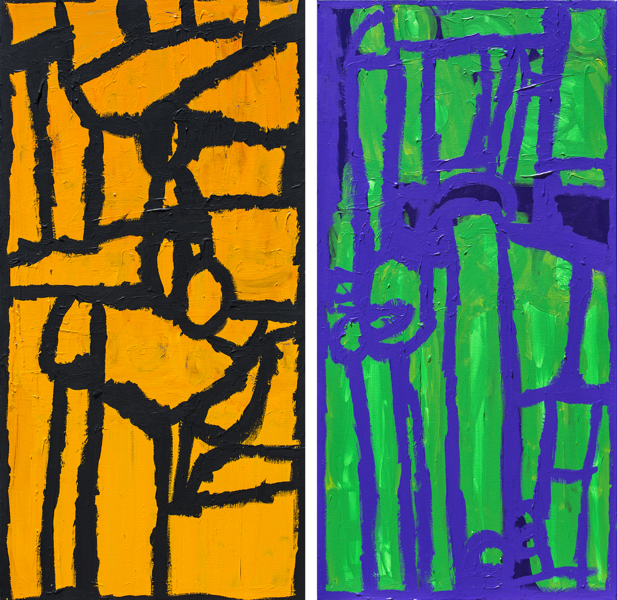 A bold, abstract diptych with strong lines and contrasting duo-tone.