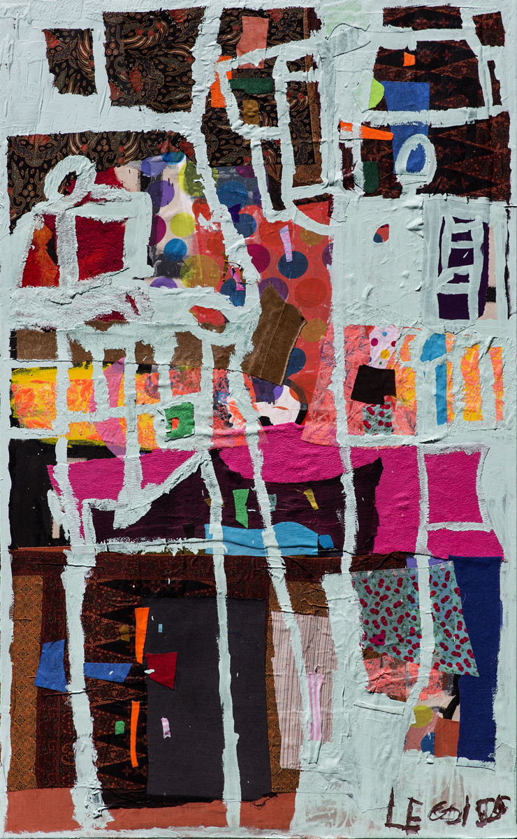 A multi-media work showing Lewis' distinctive abstract line work. This work features fabric, giving the work texture.