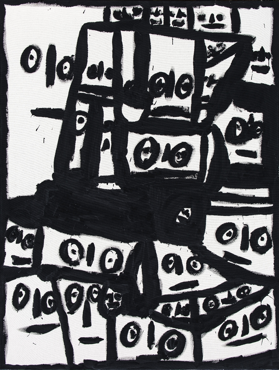 A monochromatic abstract work featuring several figures with bold eyes and facial expressions.