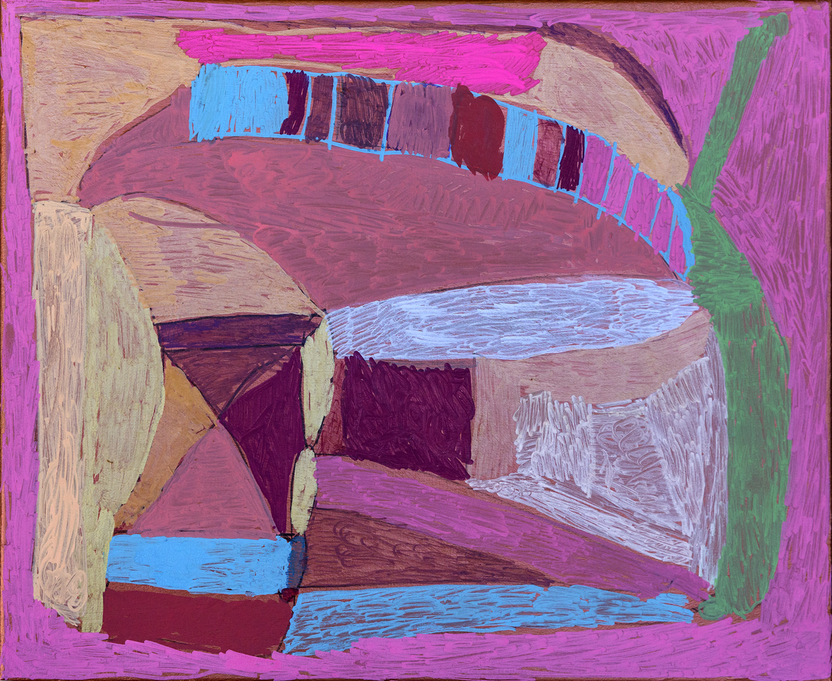 A bright, abstract work with a predominantly pink colour scheme.