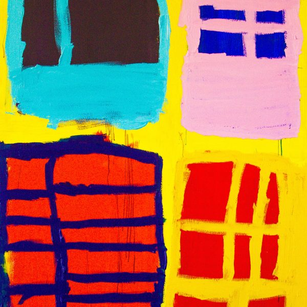 A bright, abstract work using acrylic paint and minimal bright colours.