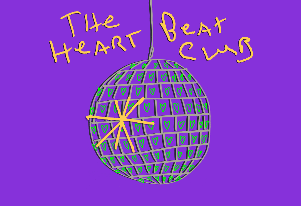 Graphic with purple background, text saying "The Heart Beat Club" and image of a hand-drawn disco ball.