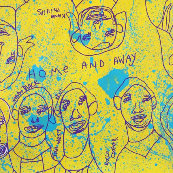 A portrait of 8 people whose faces run along the bottom, top and side of the artwork. They are drawn in purple lines. Their names are written alongside and in the centre it says "Home and Away". The background is yellow with blue paint splatters.