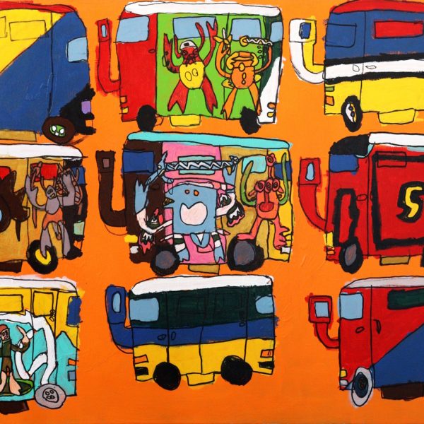 An artwork depicting 9 multi-coloured combi vans in 3 rows of 3 on an orange background.