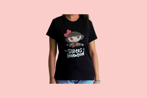 Black t-shirt with The Sisters of Invention logo featuring a doll's head in black paint.