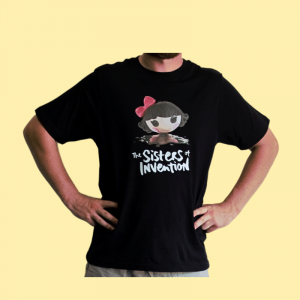 Person wearing black t-shirt with The Sisters of Invention logo featuring a doll's head in black paint.