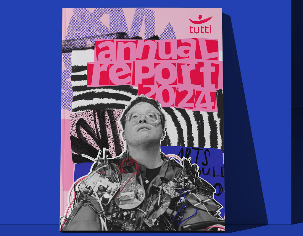 Annual report cover artwork showing an artist in costume for Floods of Fire