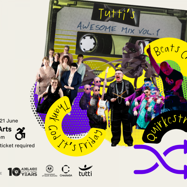 Photo's of people from TGIF, Quirkestra and Beats Crew with a cassette tape that reads, Tutti's Awesome Mix Vol.1' There are bright coloured shapes and a replay icon around the figures.