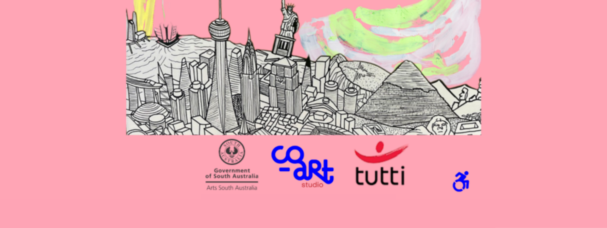 Footer showing Korean artwork and Arts South Australia, Co-Art Studio and Tutti logos