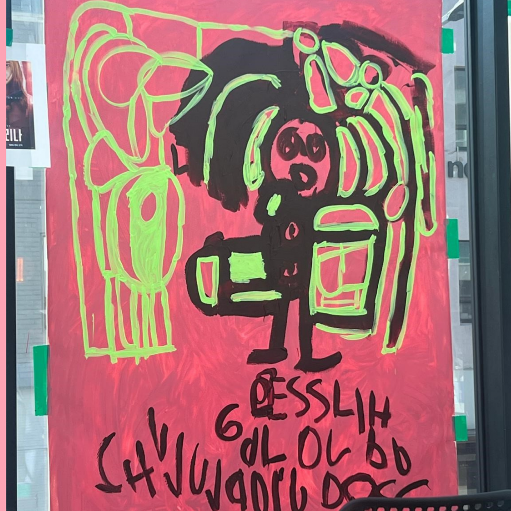 A bold, pink and green Lewis painting inspired by Korean lettering.