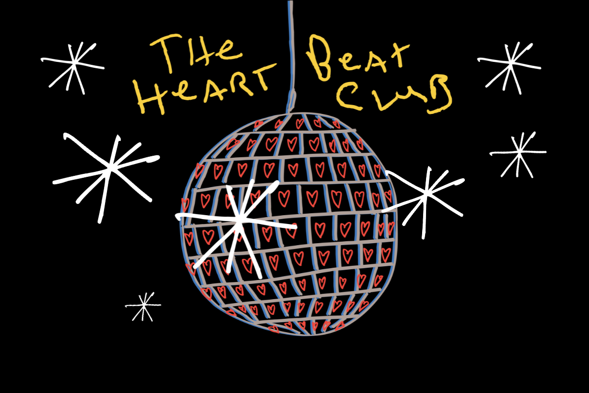 A disco ball covered in hearts and sparkles, digital drawing in neon colours.