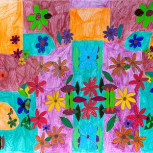 A mirrored pattern of different flowers and leaves, stylistically like a kaleidoscope. All in different colours against a wobbly checked background.